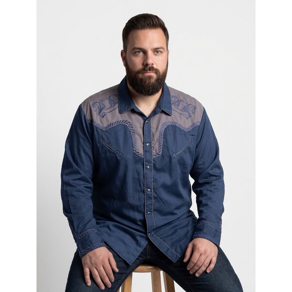 (9/b50)Montero Mens Western Horse Embroidered Long-Sleeve Shirt - Blue Size 4xl